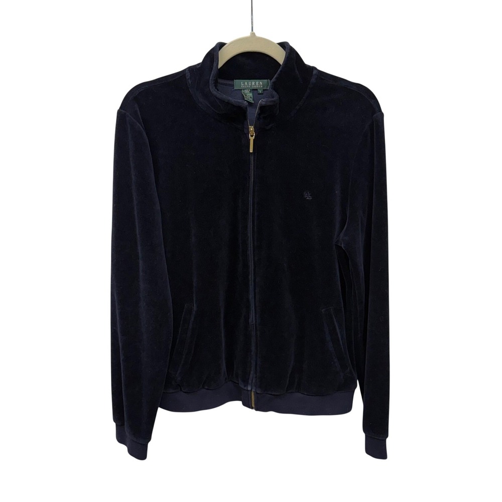 Lauren Ralph Lauren Womens Navy Blue Velour Track Jacket Large  Od Money